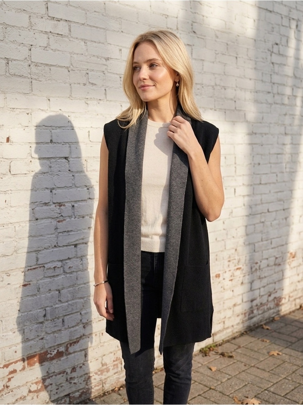 Marie Claire Black Charcoal Draped Sleeveless Longline Vest Cardigan Minimalist